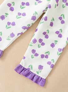 Baby Girls' Purple Simple Long Pants And Short Sleeve Loose Casual 2pcs Homewear Set