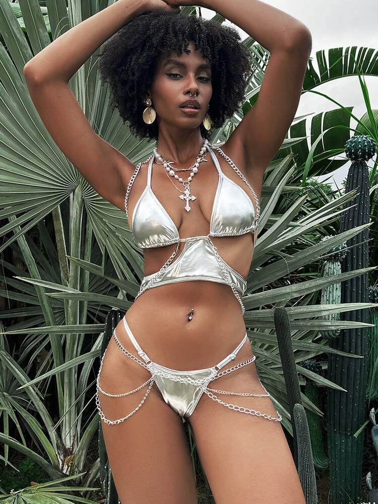 Silver Chain Decoration Separates Bikini Set For Beach Or Pool Vacation Summer Beach