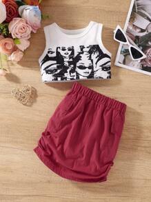 SHEIN Baby Girl 2pcs Fashionable Crop Tank Top & Flap Pocket Ruched Skirt Set For Summer - Red - View 1