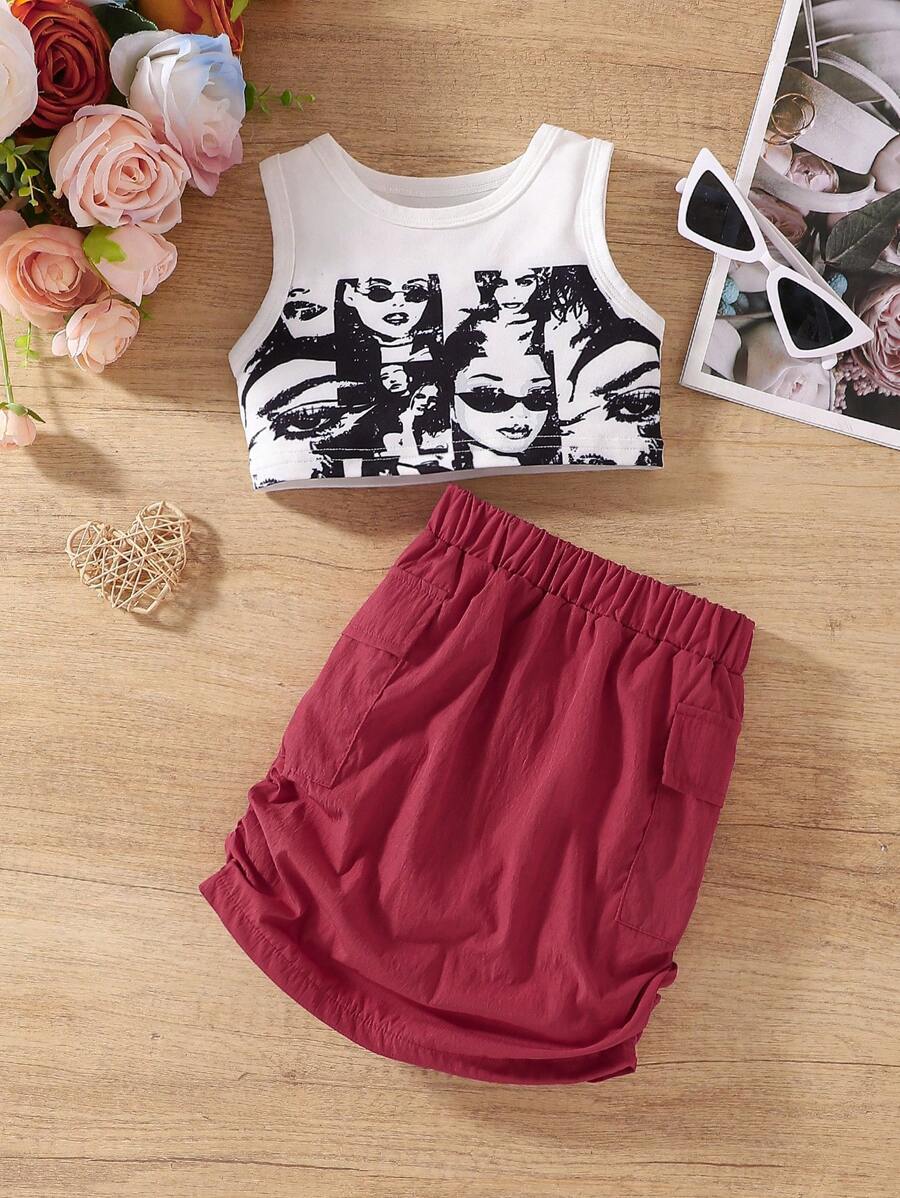 SHEIN Baby Girl 2pcs Fashionable Crop Tank Top & Flap Pocket Ruched Skirt Set For Summer - Red - View 1