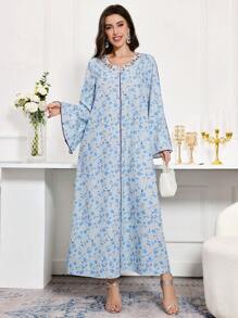 Al Najma Women's V-Neck Split Sleeve Casual Arabian Dress, Full Length Jalabiya, Casual Dress