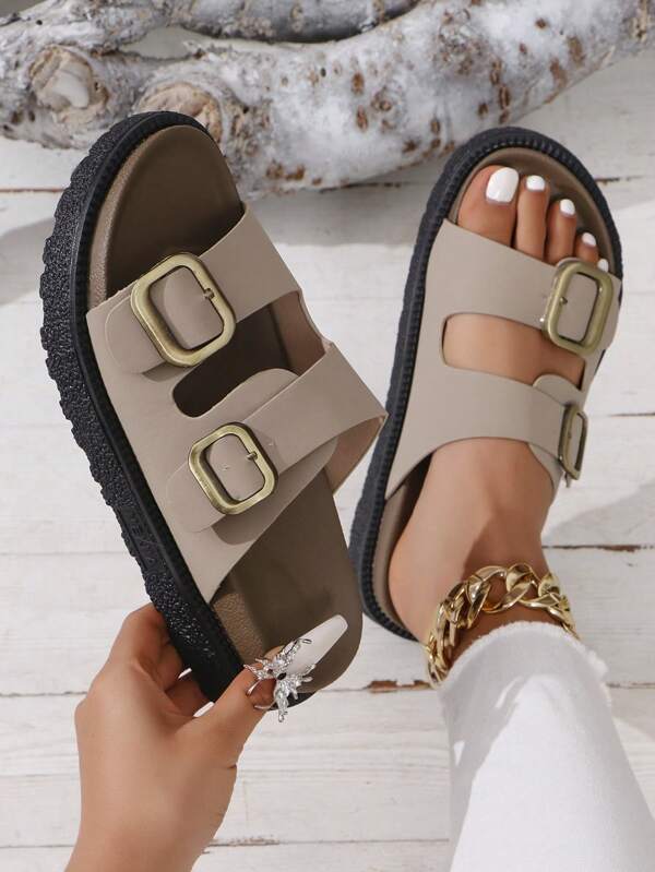 نعال نسائية مزينة بإبزيم صناعي ، باللون الأسود والنمر والألوان المتداخلة ، سوليد منصة أنيقة سهلة الارتداء للشاطئ