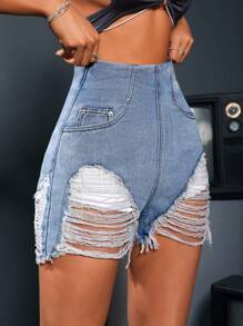 SHEIN ICON 女士高腰口袋破洞牛仔短褲，休閒風格