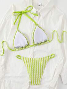 SHEIN Swim Women Contrast Striped Bikini Set For Beach Vacation And Pool,Summer Beach - Green - View 2