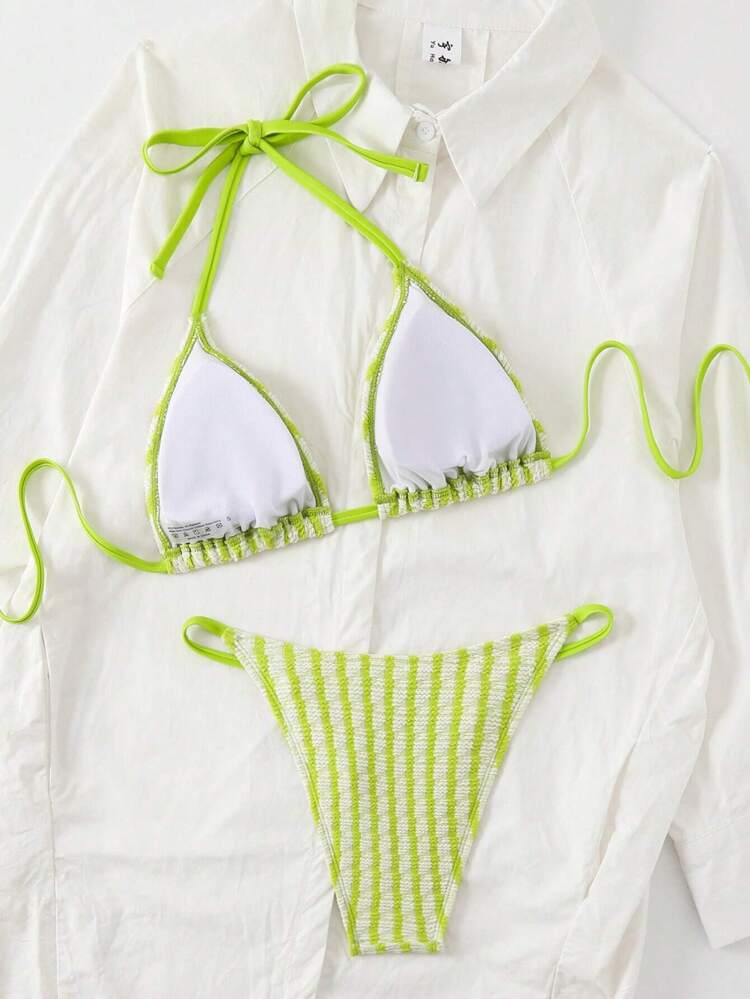 Women Contrast Striped Bikini Set For Beach Vacation And Pool,Summer Beach