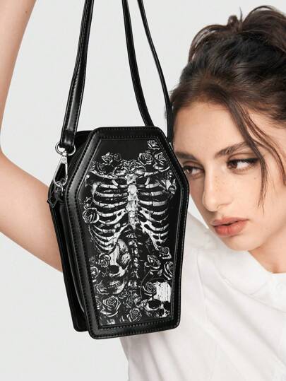 Goth Bolso cruzado de hombro con ataúd floral punk, calavera y rosa para fiesta gótica Y2K y viaje