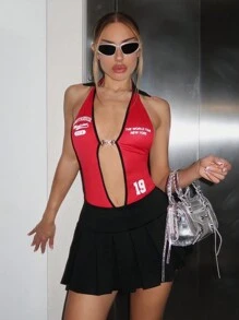 SHEIN ICON Y2k Hot Red Casual Deep V-Neck Chain Print Logo Low-Waist Pleated Dress Sporty Style Casual Women Dresses Rave Festival Outfits Sundress Short Kpop Style Going Out Clothing