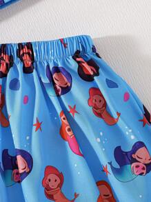 SHEIN Bộ áo và váy có mũ in hình hoạt hình đáng yêu cho cô gái trẻ, trang phục mùa hè ngọt ngào - Màu xanh lam - Xem 5