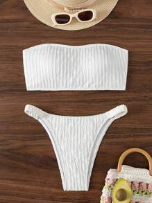 SHEIN Swim Women Summer Plain Bandeau Bikini Set With Back Tied Swimwear Top And Separated Bottom, Suitable For Beach And Pool,Summer Beach - Multicolor - View 2
