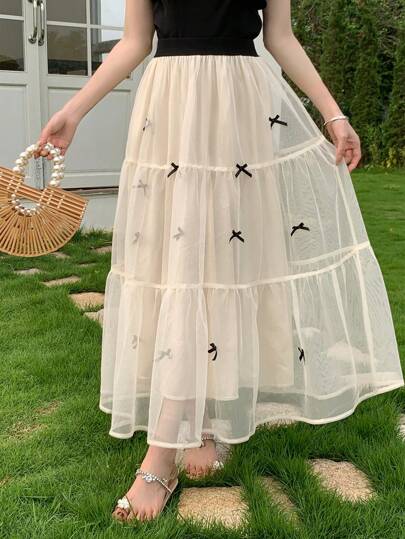 DAZY 撞色蝴蝶结装饰网纱半身裙 女式夏季荷叶边半身裙