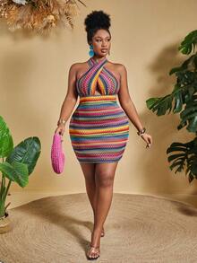 Slaydiva Plus Size Nữ Gợi Cảm In Hình Học Dệt Kim Jacquard Halter Cổ Bodycon Đầm Cho Kỳ Nghỉ - Nhiều màu - Xem 5