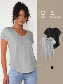 SHEIN BASICS 1pc Solid V Neck Curved Hem Tee,Summer Top - Grey - View 7
