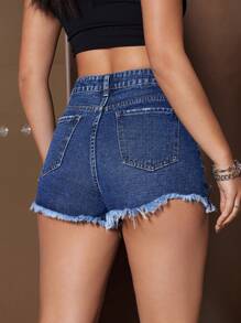 SHEIN EZwear 女士磨損洗水牛仔短褲，破損邊緣設計，寬鬆短褲 - 深色水洗藍 - 查看 2