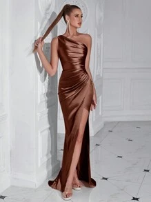 ADYCE 不对称领口褶皱腰部高开衩鸡尾酒会长裙 - 棕色 - 查看 8