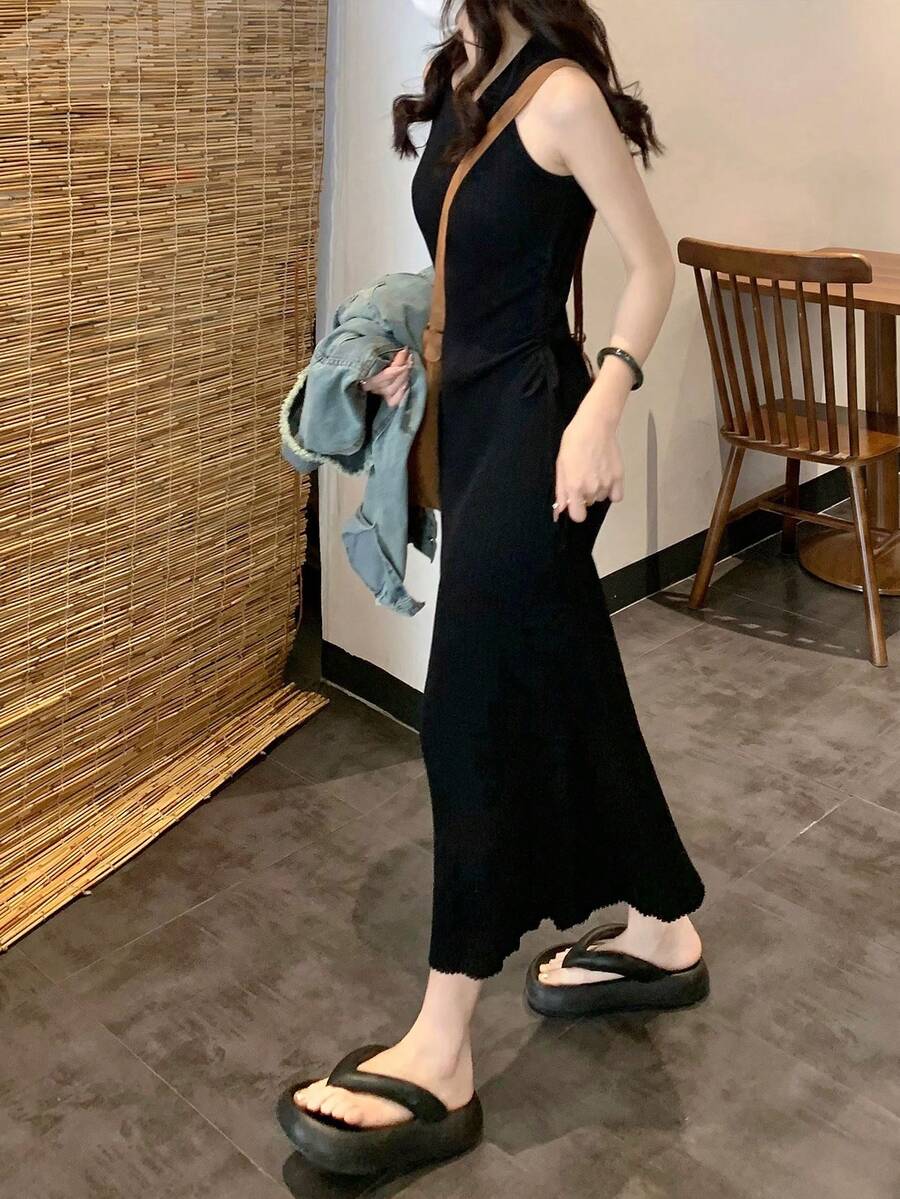 春夏季休閒純色側邊束繩修身無袖毛衣連衣裙 - 黑色 - 查看 1