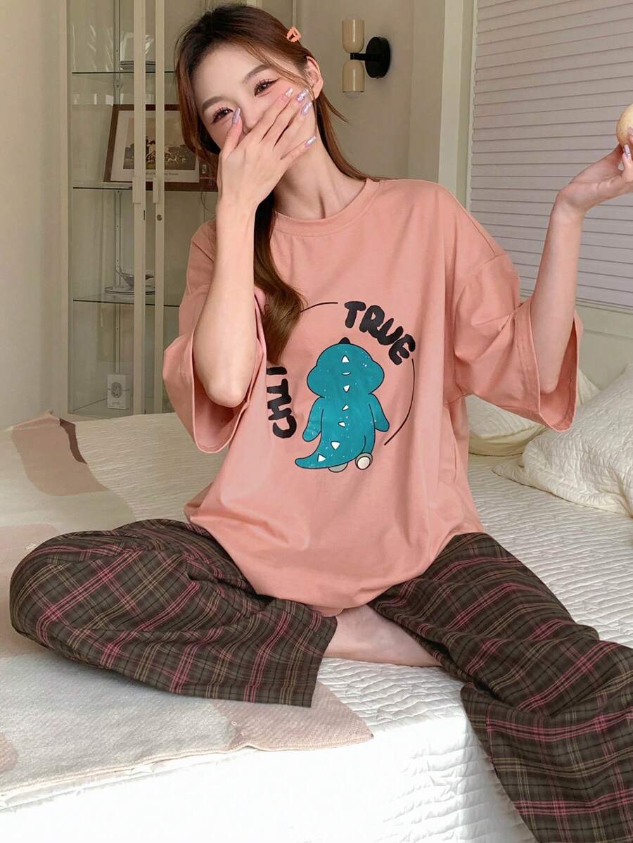 DAZY Cute Little Monster Pattern Round Neck Top And Plaid Pants Pajama Set - Coral Pink - View 1