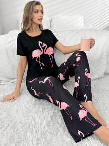 Flamingo Printed Short Sleeve Top & Long Pants Pajama Set Pajamas Set For Womansleepwear Women - Black - View 3