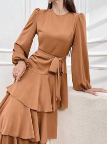 Modelyn Women's Round Neck Lantern Sleeve Dress With Ruffled Hem - Rust Brown - View 5