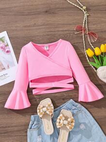 Camiseta com Decote V Cruzado Elegante com Mangas Sino para Jovens, Primavera/Verão