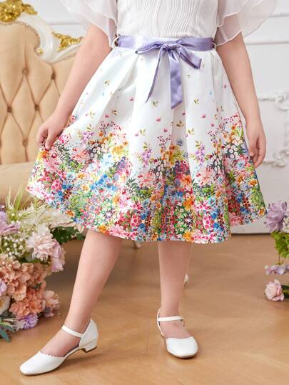 SHEIN DRMZ Tween Girl Tween Girl Extended Size Holiday Casual Spring/Summer Floral Printed Skirt