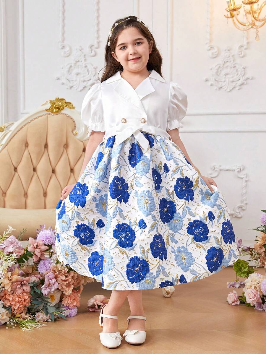 SHEIN Tween Girls Extended Size Floral Print Round Neck Puff Sleeve Mid-Length Dress