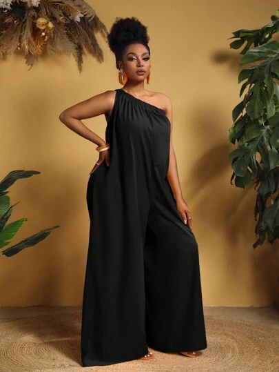 Slaydiva Plus Size Women Solid Color Wide-Leg Jumpsuit With One Shoulder, Great For Vacation