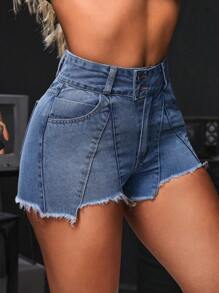 SHEIN SXY Lässige Jeansshorts Für Damen Mit Gespleißtem, Ausgefranstem Saum - Mittele Waschung - Übersicht 4