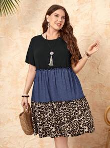 EMERY ROSE Plus Size Damska luźna sukienka ze splotem w panterkę, z falbaną na dole, na co dzień, na lato - Niebieski - Zobacz 4