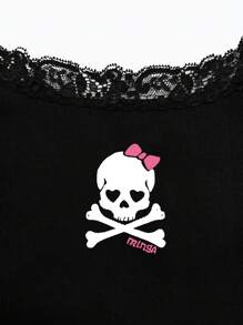 INAWLY 女士骷髅印花背心，带蕾丝边图案 T 恤 女士上衣 - 黑色 - 查看 4