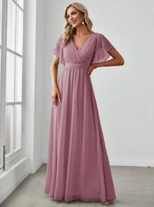 Fall Winter Butterfly Sleeve Fold Pleated Chiffon Dusty Pink Bridesmaid Dress Elegant Dress Wedding Guest Dress For Wedding Fall Semi Formal Dress