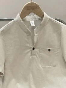 SHEIN Tween Boys' Solid Color Popover Shirt With Stand Collar And Short Sleeves - Khaki - View 4