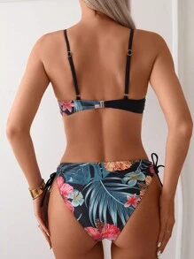 Swim Lushoire 夏季交叉裹胸聚拢比基尼套装，配有细肩带、钢圈、花卉印花上衣和侧系带下装，适合在海滩泳池游泳 - 彩色 - 查看 2