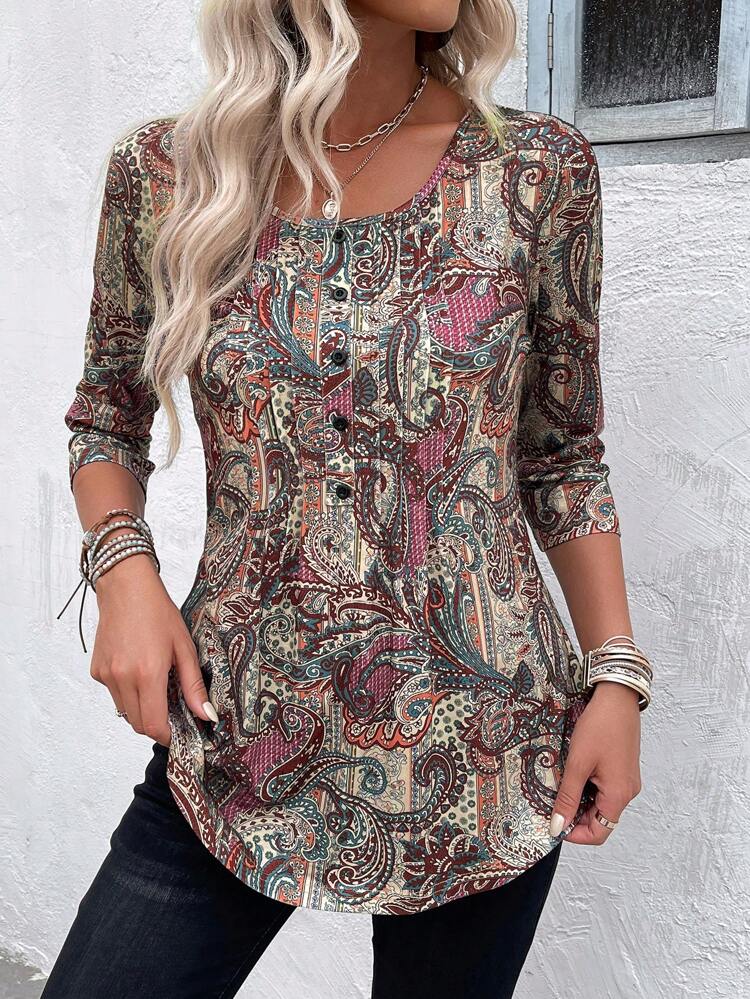 T-shirt a maniche lunghe con stampa di piante per le donne, collo rotondo, ideale per le vacanze di primavera/estate