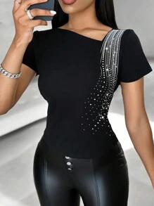 Chiquease Áo thun nữ tay ngắn thời trang đính đá Rhinestone (Mẫu đính đá Craft) Áo thun họa tiết dành cho nữ - màu đen - Xem 1