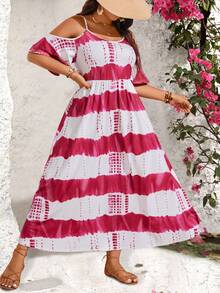 大尺碼女士流行條紋露肩束帶裙 - 紅白色 - 查看 6