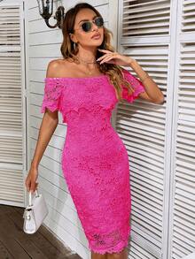 Eilly Bazar Women's Solid Color Off-Shoulder Lace Short Sleeve Dress - Hot Pink - View 5