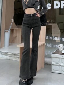 女式口袋设计喇叭牛仔裤 - 黑色 - 查看 5