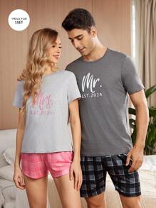 Women Letter Print Round Neck Short-Sleeved T-Shirt And Shorts Casual Pajama Set - Light Grey - View 1