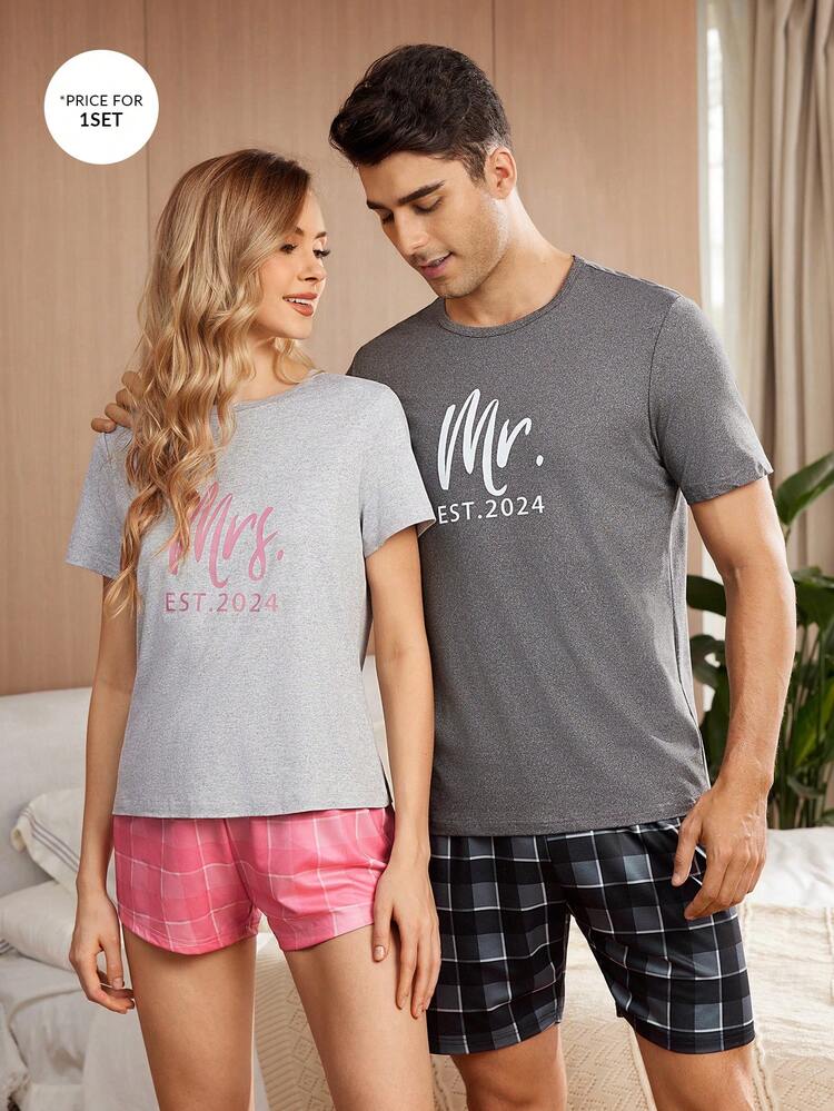 Women Letter Print Round Neck Short-Sleeved T-Shirt And Shorts Casual Pajama Set