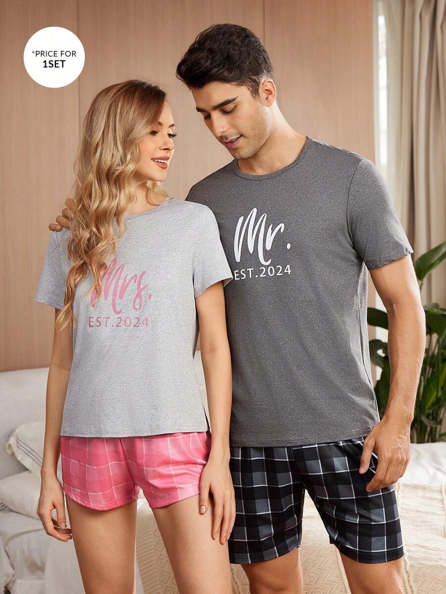 Women Letter Print Round Neck Short-Sleeved T-Shirt And Shorts Casual Pajama Set - Light Grey - View 1