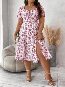 SHEIN CURVE+ Plus Size Nữ Kỳ Nghỉ Hè In Hoa Người Yêu Cổ Ngắn Tay Đầm Thanh Lịch Với Bên Chia Viền - Hồng - Xem 3
