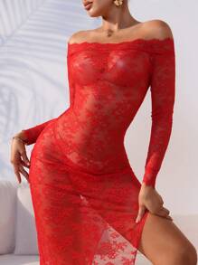 Off-Shoulder Lace Sexy Lingerie Dress With See-Through Detail And High Slit UnderwearOuter - Red - View 5