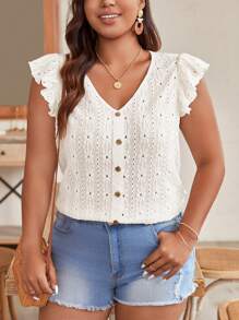 SHEIN Frenchy Summer Hollow Out Embroidery Cap Sleeve T-Shirt In Solid Color - Apricot - View 1