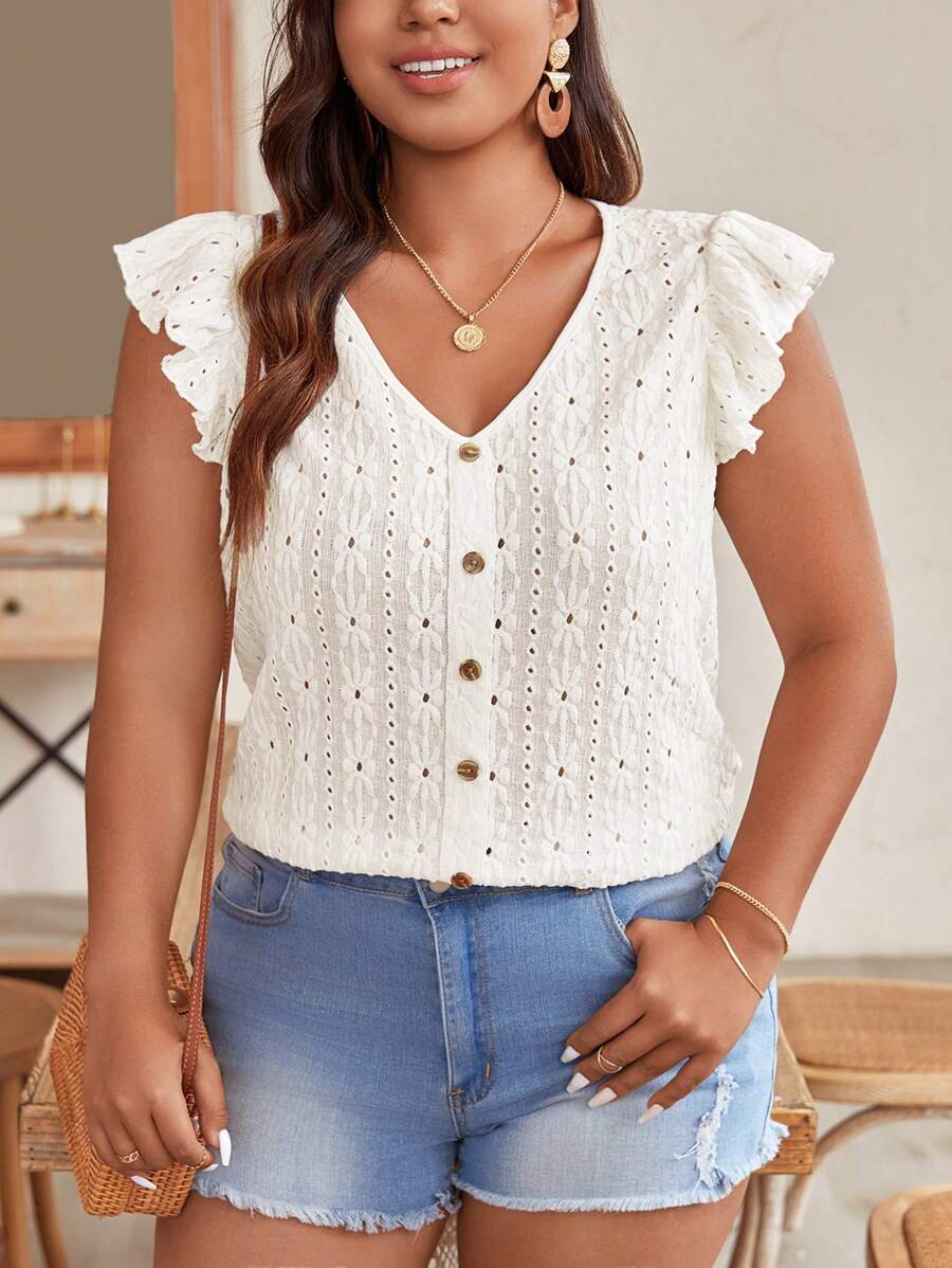 SHEIN Frenchy Summer Hollow Out Embroidery Cap Sleeve T-Shirt In Solid Color - Apricot - View 1