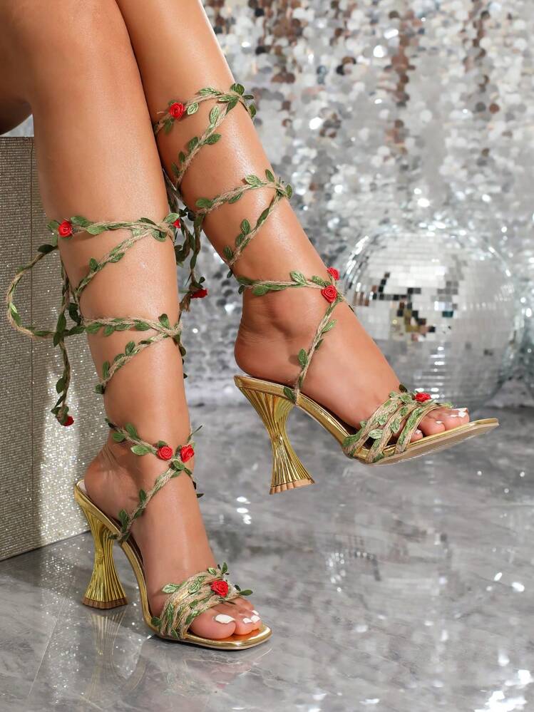 Women Fashion Summer Cross Strap Rose & Vine Design Open Toe