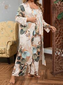Plus 3pcs Tropical Print Ruffle Hem PJ Set / Pajama Set