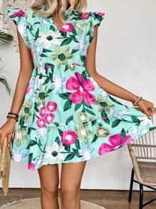 Breezaya Đầm nữ tay cổ chữ V in hoa kỳ nghỉ hè có xẻ - Nhiều màu - Xem 6