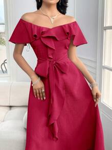 Modelyn Summer Women Elegant Off Shoulder Long Solid Color Dress With Ruffle Trim Long Evening Dresses - Rose Red - View 5