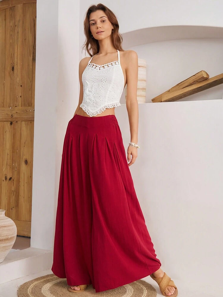 Women Lace Patchwork Hollow Out Embroidery Tie Back Crop Top