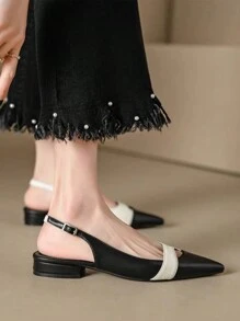 Giày bệt nữ gót thấp màu đen trắng mũi nhọn khoét lỗ, giày casual phối màu mùa xuân/hè, giày thời trang nhiều màu sắc. - Đen và trắng - Xem 2